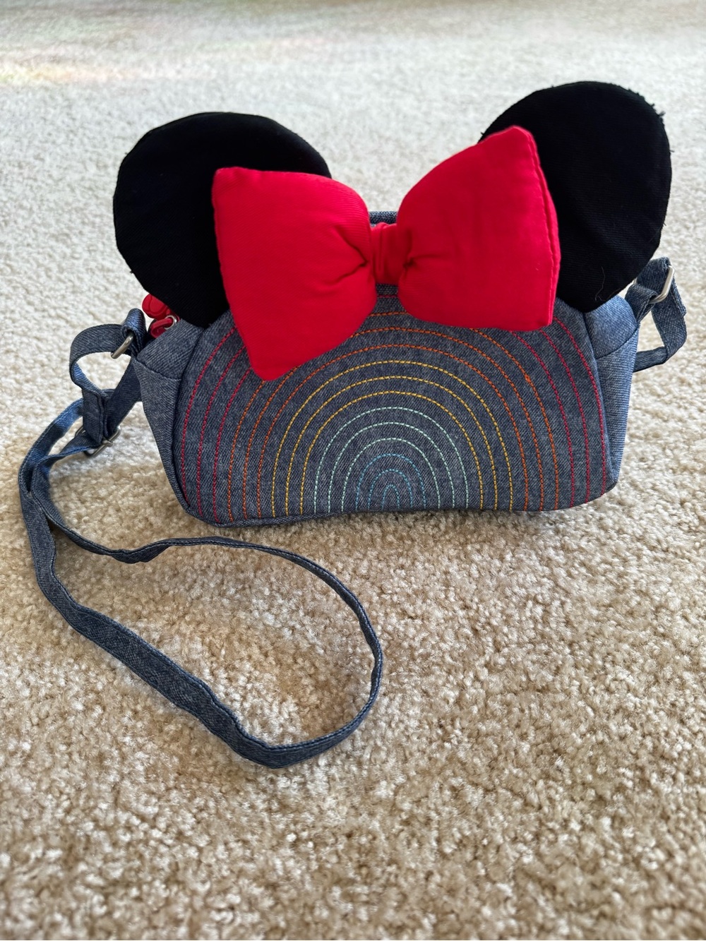 Disney Minnie Denim Crossbody Bag with Black Ears and Red Bow